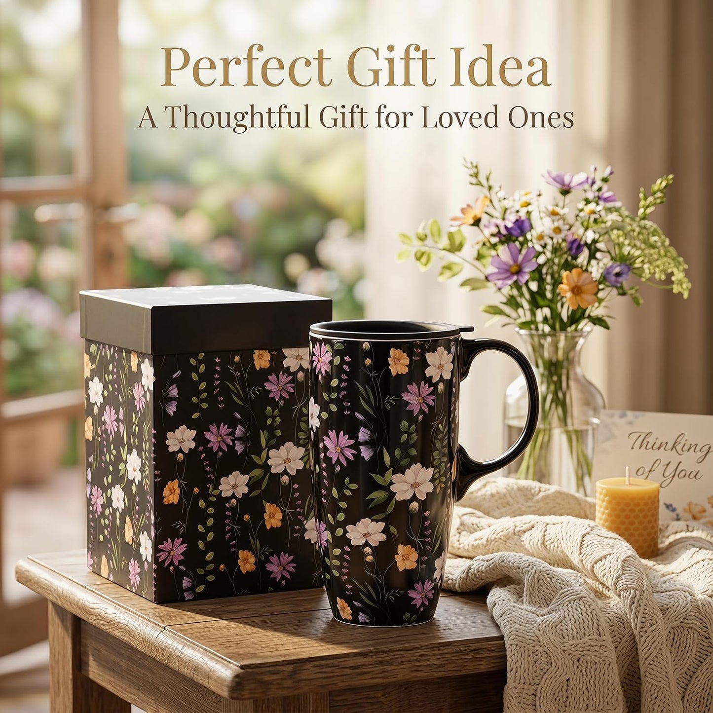 17oz Ceramic Travel Mug with Lid, Peacock Feather Coffee Cup | Microwave&Dishwasher Safe, Cup Holder Friendly, Large Tea Cup with Handle & Gift Box, Commute Office Home Use, Great Mom Gift