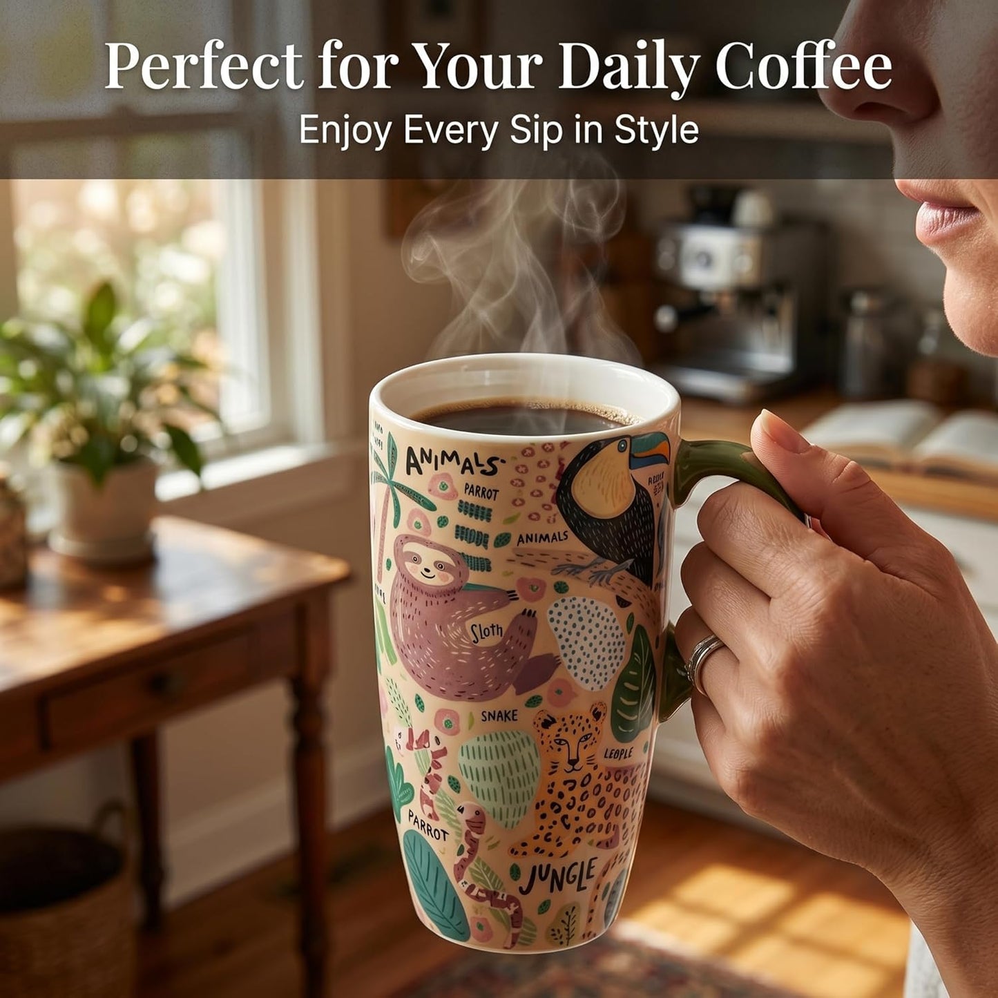 17oz Ceramic Travel Mug with Lid, Peacock Feather Coffee Cup | Microwave&Dishwasher Safe, Cup Holder Friendly, Large Tea Cup with Handle & Gift Box, Commute Office Home Use, Great Mom Gift