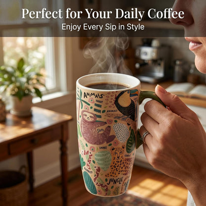 17oz Ceramic Travel Mug with Lid, Peacock Feather Coffee Cup | Microwave&Dishwasher Safe, Cup Holder Friendly, Large Tea Cup with Handle & Gift Box, Commute Office Home Use, Great Mom Gift