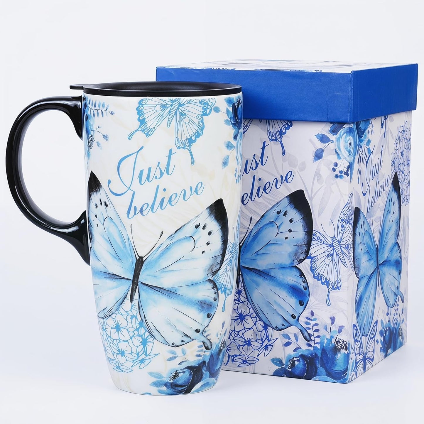 17oz Ceramic Travel Mug with Lid, Peacock Feather Coffee Cup | Microwave&Dishwasher Safe, Cup Holder Friendly, Large Tea Cup with Handle & Gift Box, Commute Office Home Use, Great Mom Gift