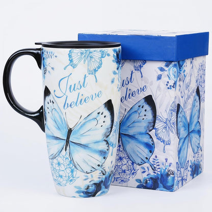 17oz Ceramic Travel Mug with Lid, Peacock Feather Coffee Cup | Microwave&Dishwasher Safe, Cup Holder Friendly, Large Tea Cup with Handle & Gift Box, Commute Office Home Use, Great Mom Gift