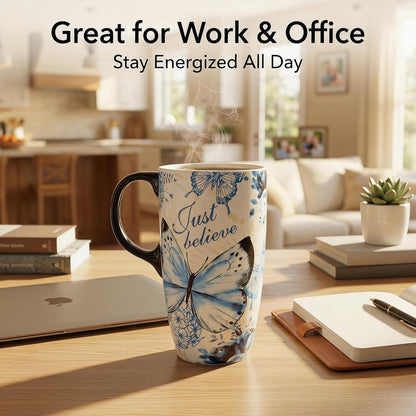 17oz Ceramic Travel Mug with Lid, Peacock Feather Coffee Cup | Microwave&Dishwasher Safe, Cup Holder Friendly, Large Tea Cup with Handle & Gift Box, Commute Office Home Use, Great Mom Gift