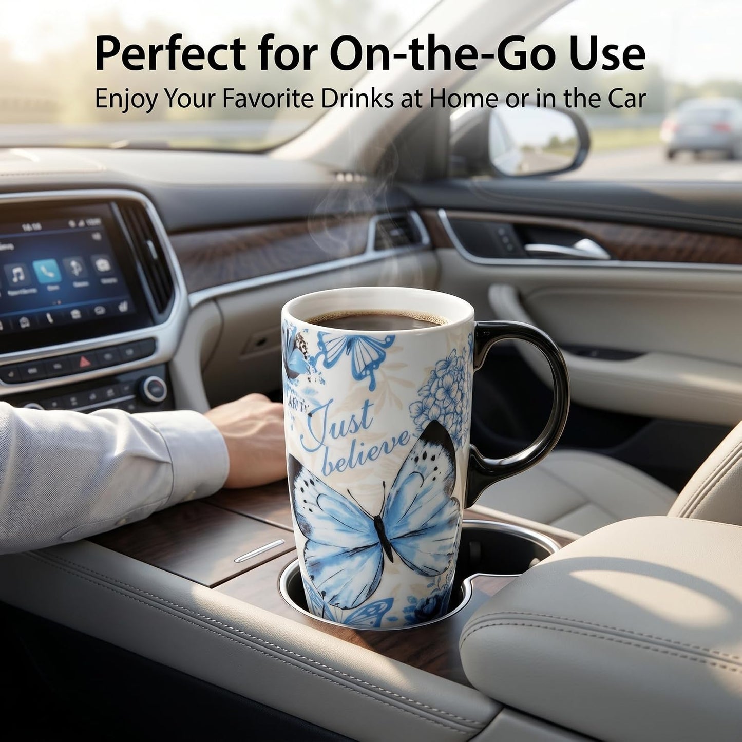17oz Ceramic Travel Mug with Lid, Peacock Feather Coffee Cup | Microwave&Dishwasher Safe, Cup Holder Friendly, Large Tea Cup with Handle & Gift Box, Commute Office Home Use, Great Mom Gift