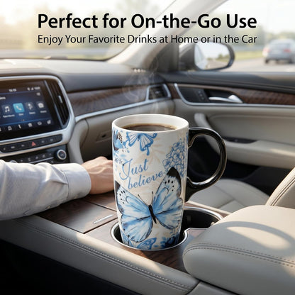 17oz Ceramic Travel Mug with Lid, Peacock Feather Coffee Cup | Microwave&Dishwasher Safe, Cup Holder Friendly, Large Tea Cup with Handle & Gift Box, Commute Office Home Use, Great Mom Gift