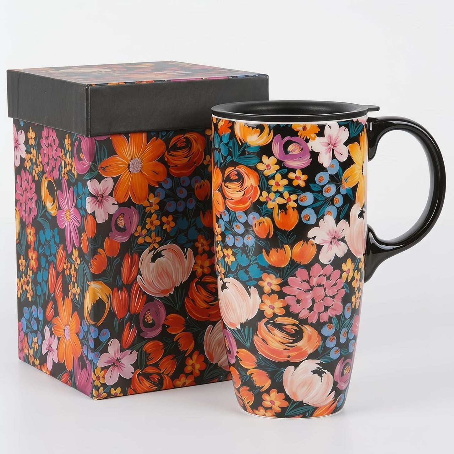 17oz Ceramic Travel Mug with Lid, Peacock Feather Coffee Cup | Microwave&Dishwasher Safe, Cup Holder Friendly, Large Tea Cup with Handle & Gift Box, Commute Office Home Use, Great Mom Gift