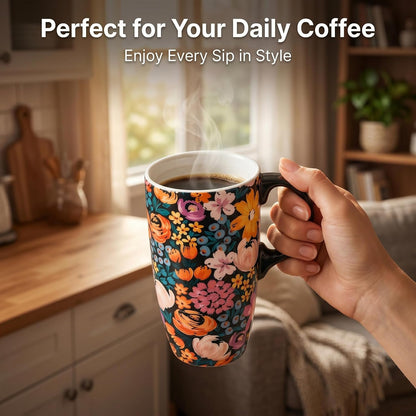 17oz Ceramic Travel Mug with Lid, Peacock Feather Coffee Cup | Microwave&Dishwasher Safe, Cup Holder Friendly, Large Tea Cup with Handle & Gift Box, Commute Office Home Use, Great Mom Gift