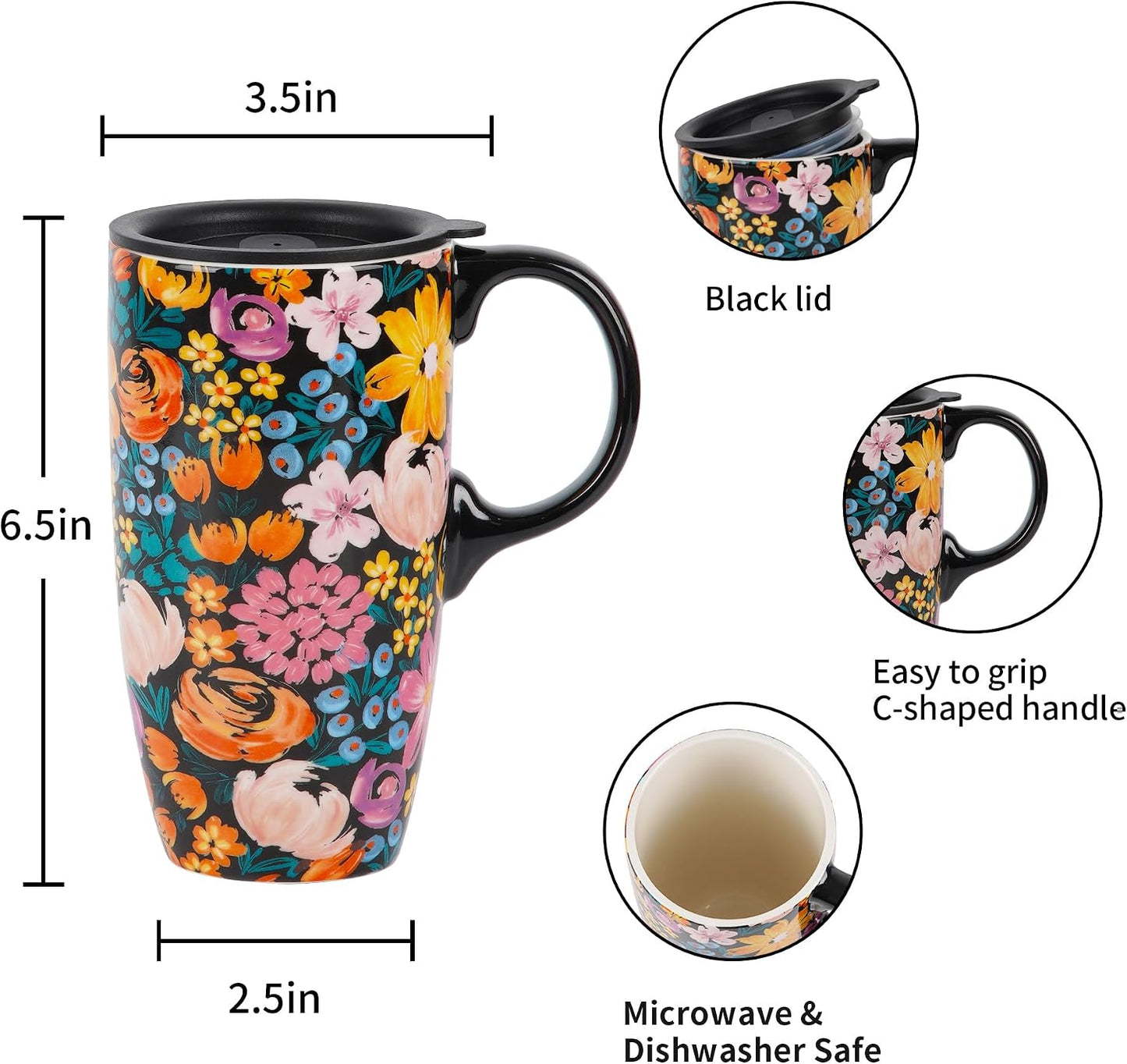 17oz Ceramic Travel Mug with Lid, Peacock Feather Coffee Cup | Microwave&Dishwasher Safe, Cup Holder Friendly, Large Tea Cup with Handle & Gift Box, Commute Office Home Use, Great Mom Gift