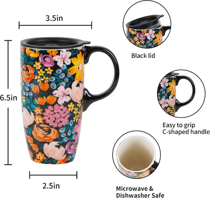 17oz Ceramic Travel Mug with Lid, Peacock Feather Coffee Cup | Microwave&Dishwasher Safe, Cup Holder Friendly, Large Tea Cup with Handle & Gift Box, Commute Office Home Use, Great Mom Gift