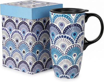 17oz Ceramic Travel Mug with Lid, Peacock Feather Coffee Cup | Microwave&Dishwasher Safe, Cup Holder Friendly, Large Tea Cup with Handle & Gift Box, Commute Office Home Use, Great Mom Gift