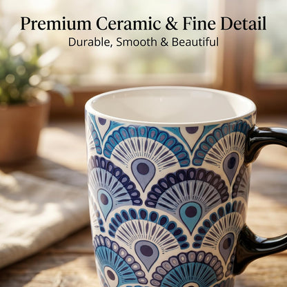 17oz Ceramic Travel Mug with Lid, Peacock Feather Coffee Cup | Microwave&Dishwasher Safe, Cup Holder Friendly, Large Tea Cup with Handle & Gift Box, Commute Office Home Use, Great Mom Gift