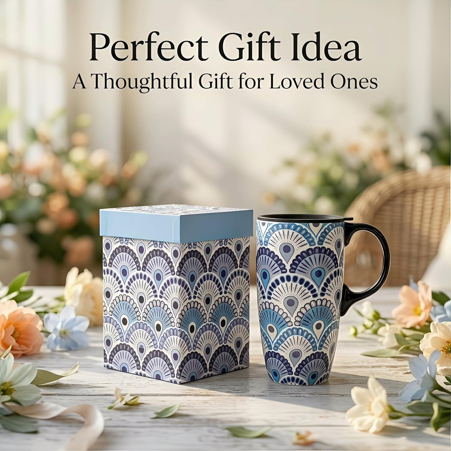 17oz Ceramic Travel Mug with Lid, Peacock Feather Coffee Cup | Microwave&Dishwasher Safe, Cup Holder Friendly, Large Tea Cup with Handle & Gift Box, Commute Office Home Use, Great Mom Gift