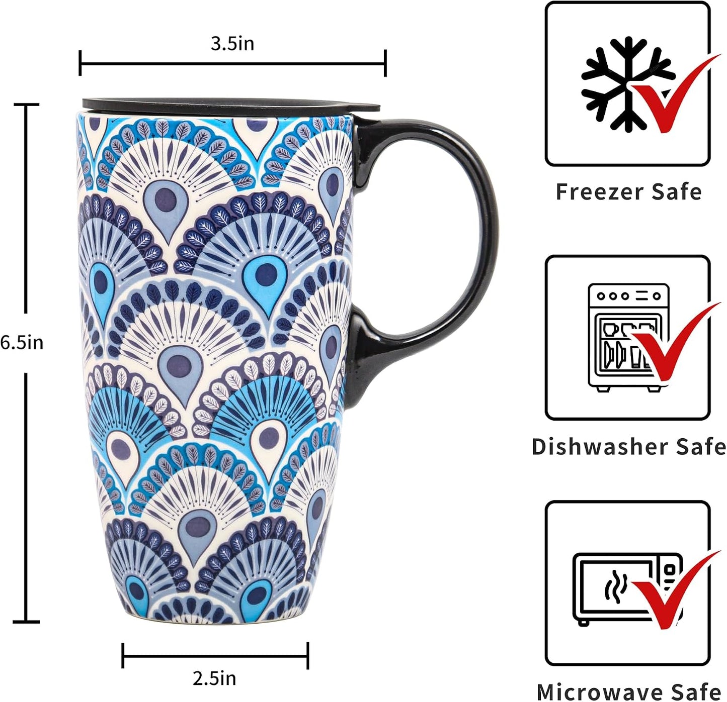 17oz Ceramic Travel Mug with Lid, Peacock Feather Coffee Cup | Microwave&Dishwasher Safe, Cup Holder Friendly, Large Tea Cup with Handle & Gift Box, Commute Office Home Use, Great Mom Gift
