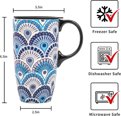 17oz Ceramic Travel Mug with Lid, Peacock Feather Coffee Cup | Microwave&Dishwasher Safe, Cup Holder Friendly, Large Tea Cup with Handle & Gift Box, Commute Office Home Use, Great Mom Gift