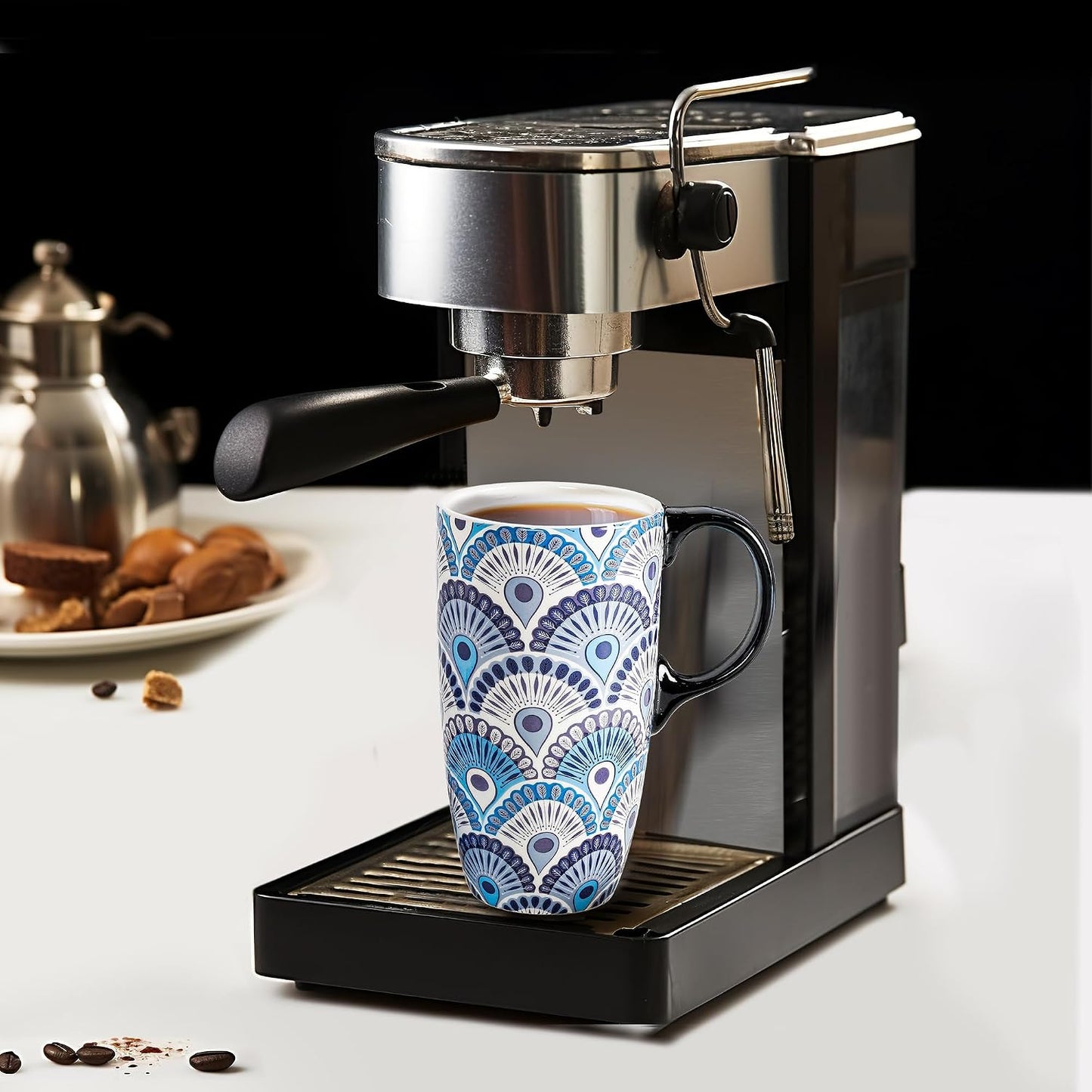 17oz Ceramic Travel Mug with Lid, Peacock Feather Coffee Cup | Microwave&Dishwasher Safe, Cup Holder Friendly, Large Tea Cup with Handle & Gift Box, Commute Office Home Use, Great Mom Gift