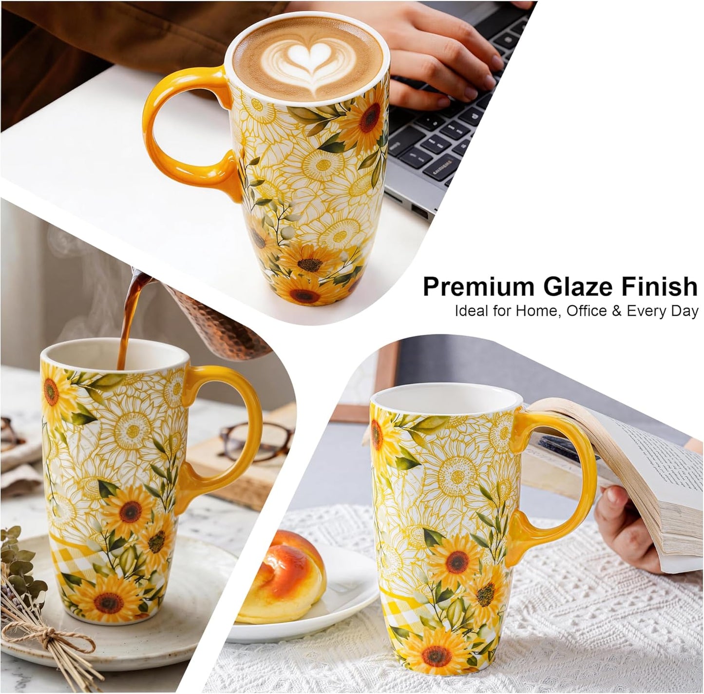 17oz Ceramic Travel Mug with Lid, Peacock Feather Coffee Cup | Microwave&Dishwasher Safe, Cup Holder Friendly, Large Tea Cup with Handle & Gift Box, Commute Office Home Use, Great Mom Gift