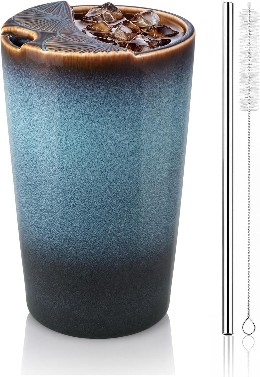 1 Pack Ceramic Coffee Mug with Sip Hole, 14.5 oz Handleless Tumbler Cup with 1 Reusable Straws and Cleaning Brushes for Coffee Tea Iced Drinks Birthday Gift for Women Men