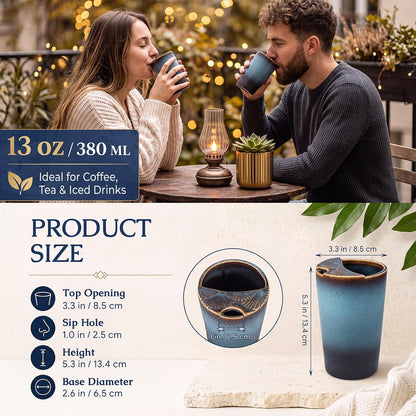 1 Pack Ceramic Coffee Mug with Sip Hole, 14.5 oz Handleless Tumbler Cup with 1 Reusable Straws and Cleaning Brushes for Coffee Tea Iced Drinks Birthday Gift for Women Men