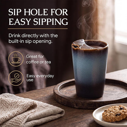 1 Pack Ceramic Coffee Mug with Sip Hole, 14.5 oz Handleless Tumbler Cup with 1 Reusable Straws and Cleaning Brushes for Coffee Tea Iced Drinks Birthday Gift for Women Men