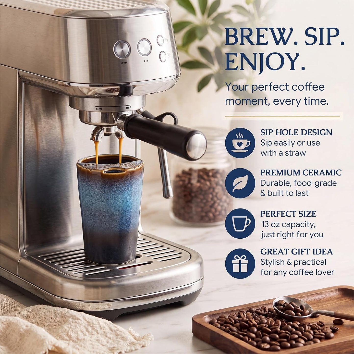 1 Pack Ceramic Coffee Mug with Sip Hole, 14.5 oz Handleless Tumbler Cup with 1 Reusable Straws and Cleaning Brushes for Coffee Tea Iced Drinks Birthday Gift for Women Men
