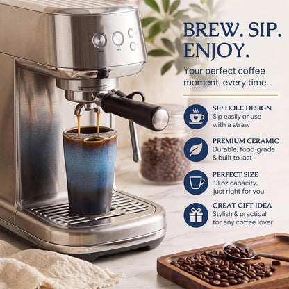 1 Pack Ceramic Coffee Mug with Sip Hole, 14.5 oz Handleless Tumbler Cup with 1 Reusable Straws and Cleaning Brushes for Coffee Tea Iced Drinks Birthday Gift for Women Men