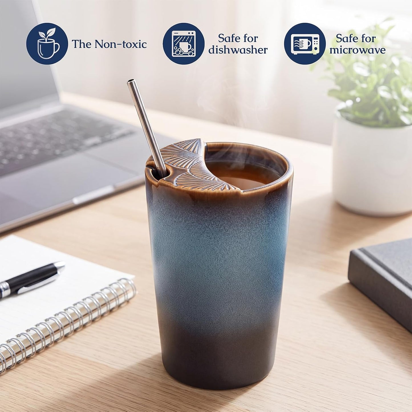 1 Pack Ceramic Coffee Mug with Sip Hole, 14.5 oz Handleless Tumbler Cup with 1 Reusable Straws and Cleaning Brushes for Coffee Tea Iced Drinks Birthday Gift for Women Men