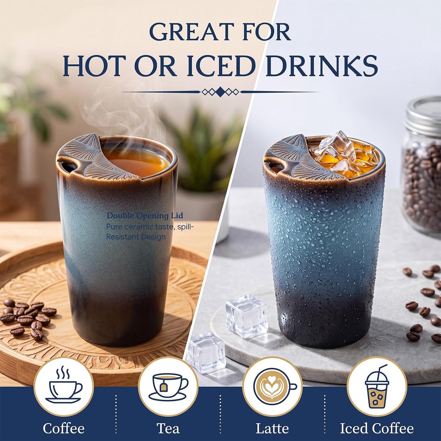1 Pack Ceramic Coffee Mug with Sip Hole, 14.5 oz Handleless Tumbler Cup with 1 Reusable Straws and Cleaning Brushes for Coffee Tea Iced Drinks Birthday Gift for Women Men