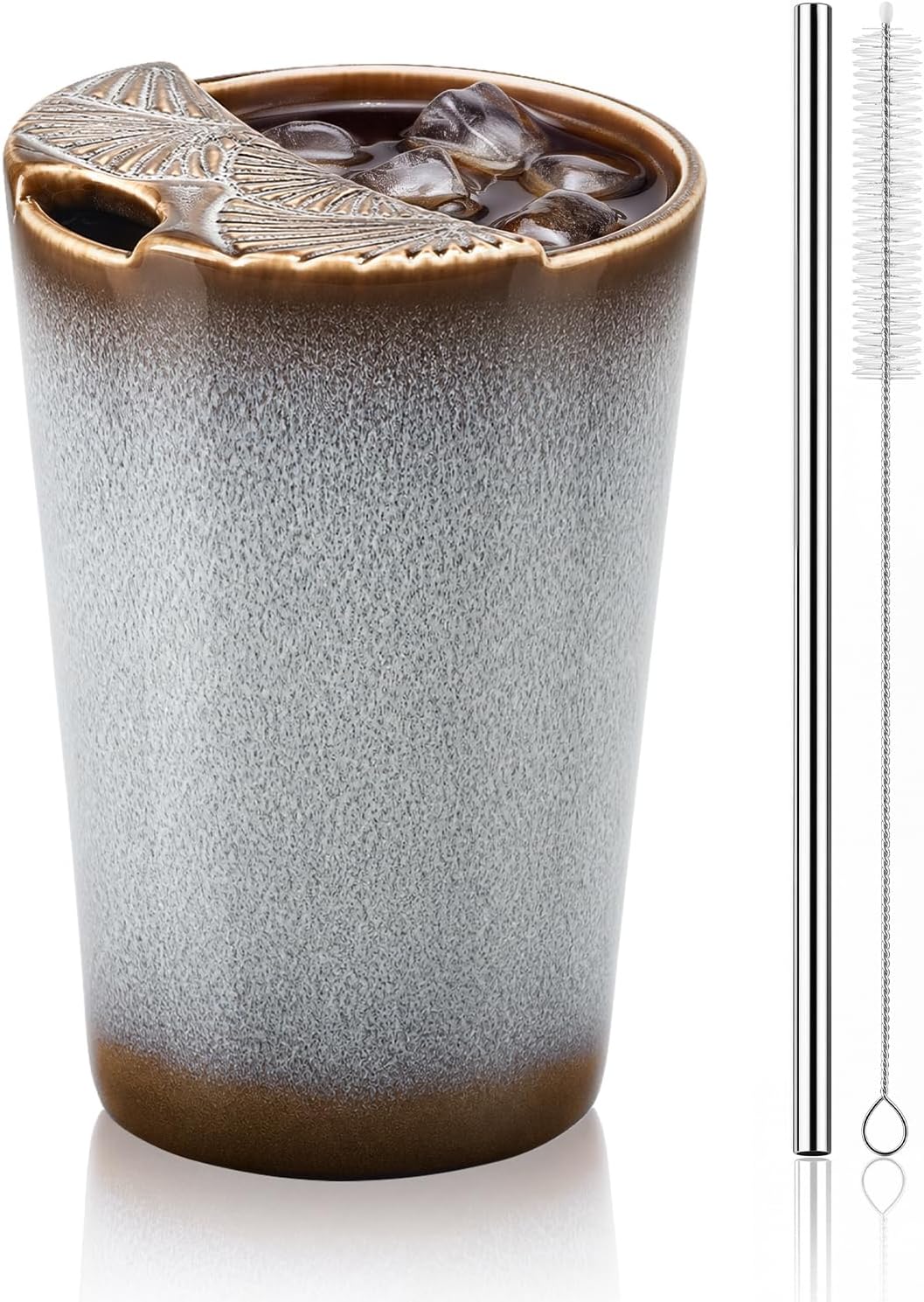 1 Pack Ceramic Coffee Mug with Sip Hole, 14.5 oz Handleless Tumbler Cup with 1 Reusable Straws and Cleaning Brushes for Coffee Tea Iced Drinks Birthday Gift for Women Men