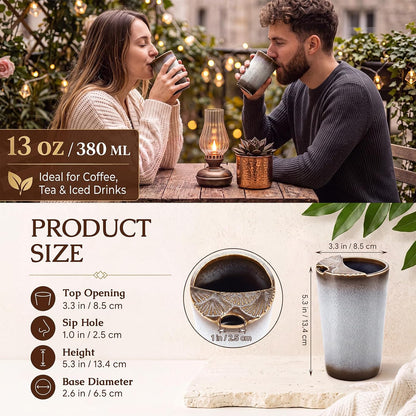 1 Pack Ceramic Coffee Mug with Sip Hole, 14.5 oz Handleless Tumbler Cup with 1 Reusable Straws and Cleaning Brushes for Coffee Tea Iced Drinks Birthday Gift for Women Men