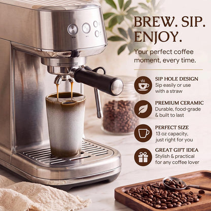 1 Pack Ceramic Coffee Mug with Sip Hole, 14.5 oz Handleless Tumbler Cup with 1 Reusable Straws and Cleaning Brushes for Coffee Tea Iced Drinks Birthday Gift for Women Men