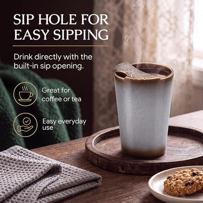 1 Pack Ceramic Coffee Mug with Sip Hole, 14.5 oz Handleless Tumbler Cup with 1 Reusable Straws and Cleaning Brushes for Coffee Tea Iced Drinks Birthday Gift for Women Men