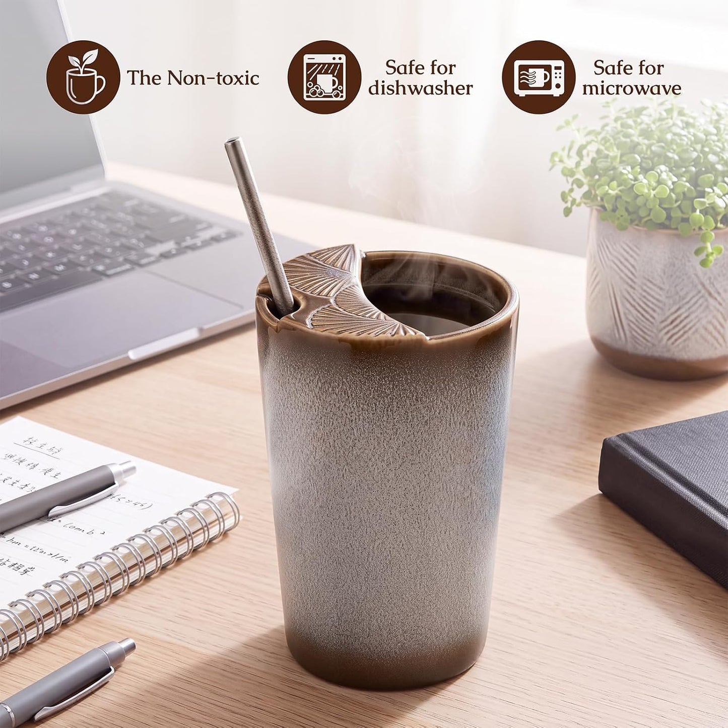1 Pack Ceramic Coffee Mug with Sip Hole, 14.5 oz Handleless Tumbler Cup with 1 Reusable Straws and Cleaning Brushes for Coffee Tea Iced Drinks Birthday Gift for Women Men