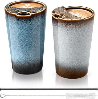 1 Pack Ceramic Coffee Mug with Sip Hole, 14.5 oz Handleless Tumbler Cup with 1 Reusable Straws and Cleaning Brushes for Coffee Tea Iced Drinks Birthday Gift for Women Men
