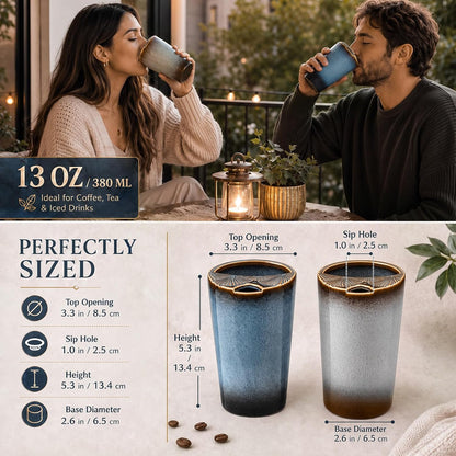 1 Pack Ceramic Coffee Mug with Sip Hole, 14.5 oz Handleless Tumbler Cup with 1 Reusable Straws and Cleaning Brushes for Coffee Tea Iced Drinks Birthday Gift for Women Men