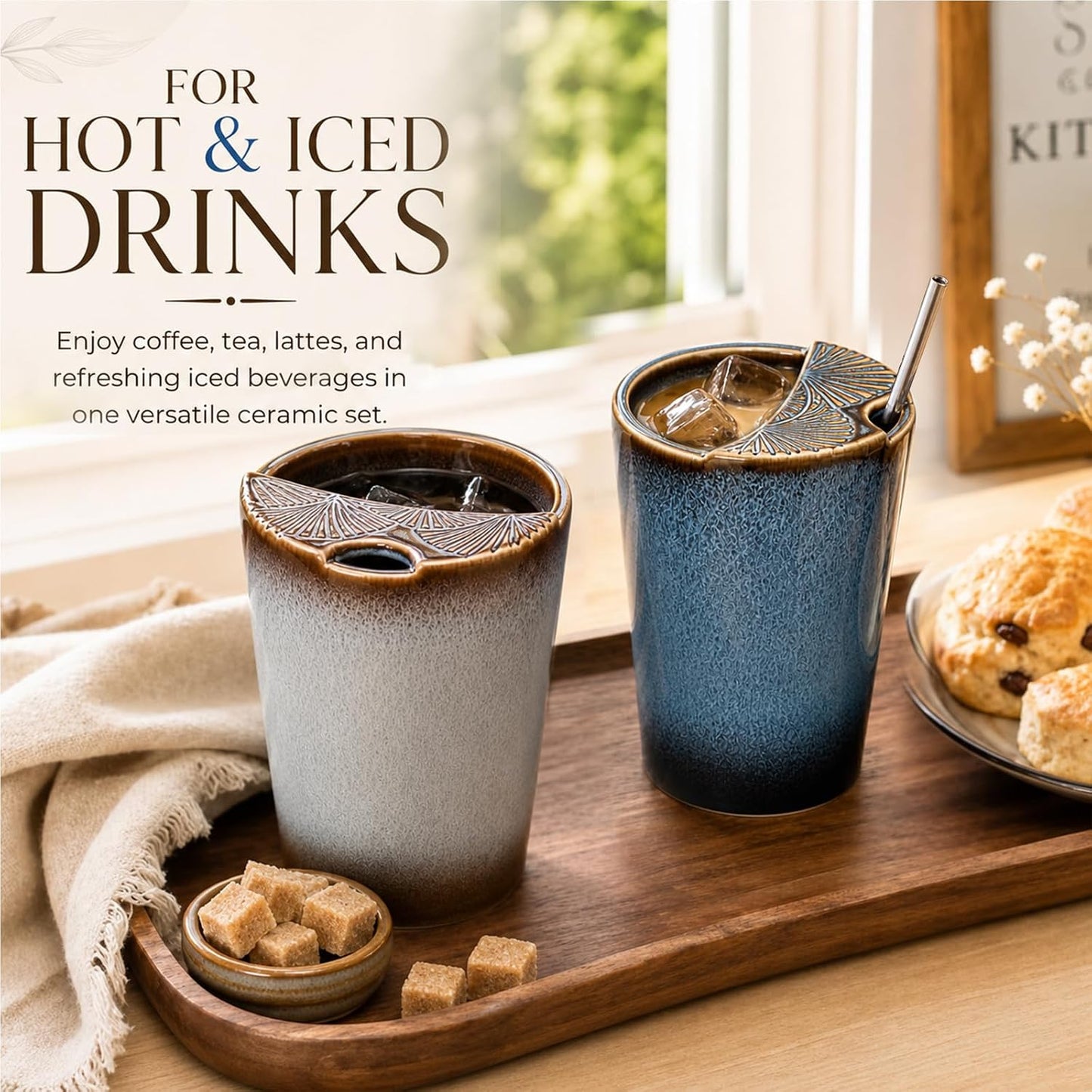 1 Pack Ceramic Coffee Mug with Sip Hole, 14.5 oz Handleless Tumbler Cup with 1 Reusable Straws and Cleaning Brushes for Coffee Tea Iced Drinks Birthday Gift for Women Men
