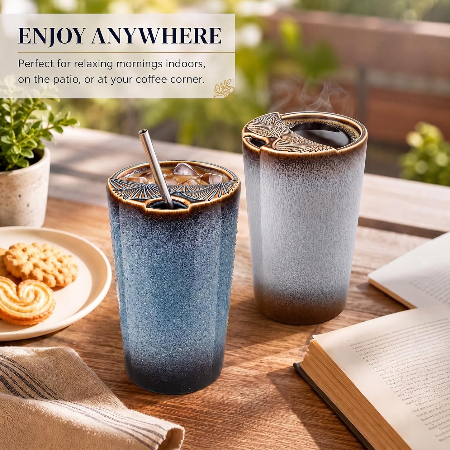 1 Pack Ceramic Coffee Mug with Sip Hole, 14.5 oz Handleless Tumbler Cup with 1 Reusable Straws and Cleaning Brushes for Coffee Tea Iced Drinks Birthday Gift for Women Men