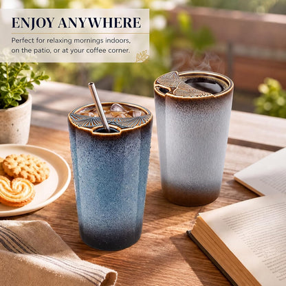 1 Pack Ceramic Coffee Mug with Sip Hole, 14.5 oz Handleless Tumbler Cup with 1 Reusable Straws and Cleaning Brushes for Coffee Tea Iced Drinks Birthday Gift for Women Men