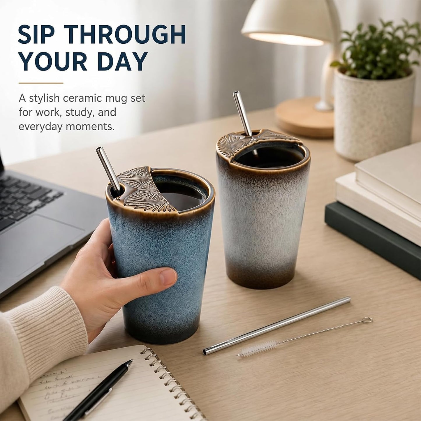 1 Pack Ceramic Coffee Mug with Sip Hole, 14.5 oz Handleless Tumbler Cup with 1 Reusable Straws and Cleaning Brushes for Coffee Tea Iced Drinks Birthday Gift for Women Men