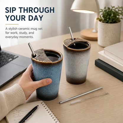 1 Pack Ceramic Coffee Mug with Sip Hole, 14.5 oz Handleless Tumbler Cup with 1 Reusable Straws and Cleaning Brushes for Coffee Tea Iced Drinks Birthday Gift for Women Men