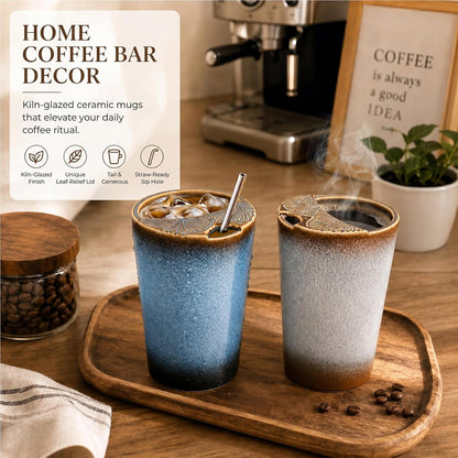 1 Pack Ceramic Coffee Mug with Sip Hole, 14.5 oz Handleless Tumbler Cup with 1 Reusable Straws and Cleaning Brushes for Coffee Tea Iced Drinks Birthday Gift for Women Men