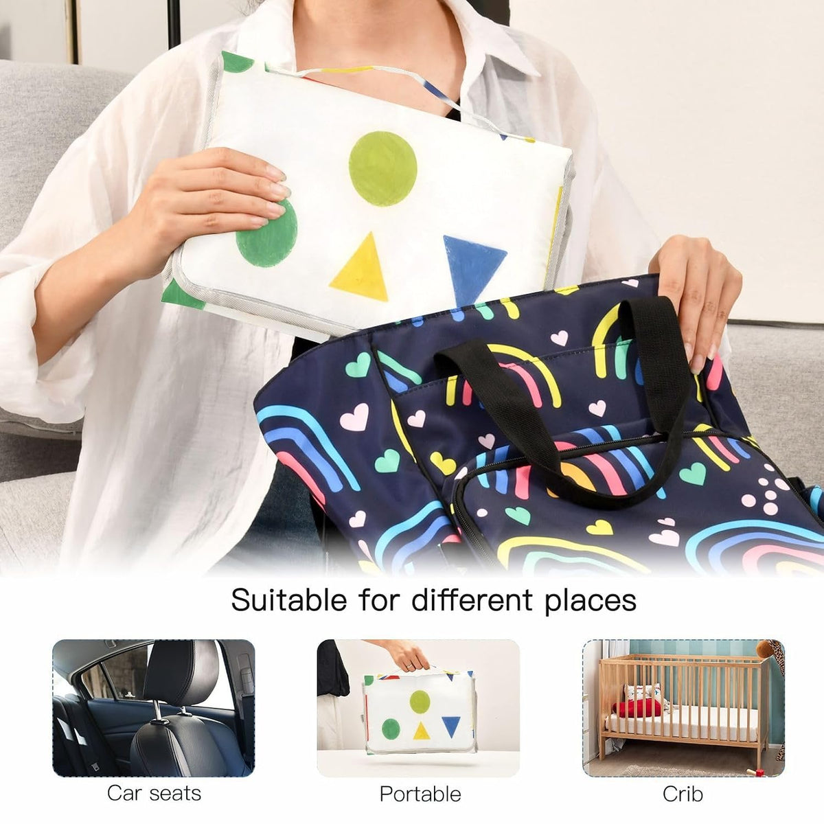 Cartoon Building Blocks Portable Diaper Changing Pad, Waterproof Baby Changing Mat with Storage Pocket & Built-in Pillow, Foldable Travel Pad, Newborn Gift Set for Boy Girl