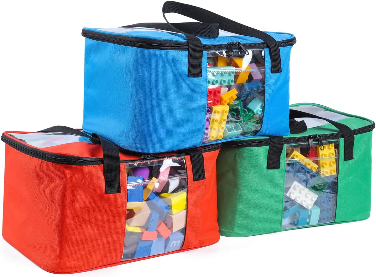 3 PCS Large Toy Storage bag Compatible with Lego Bricks, Travel Organizer Case With Labels, Handles & Pockets For Toy Organizing, Travel case for Building Blocks, Dolls, Puzzles Blocks & Board Games