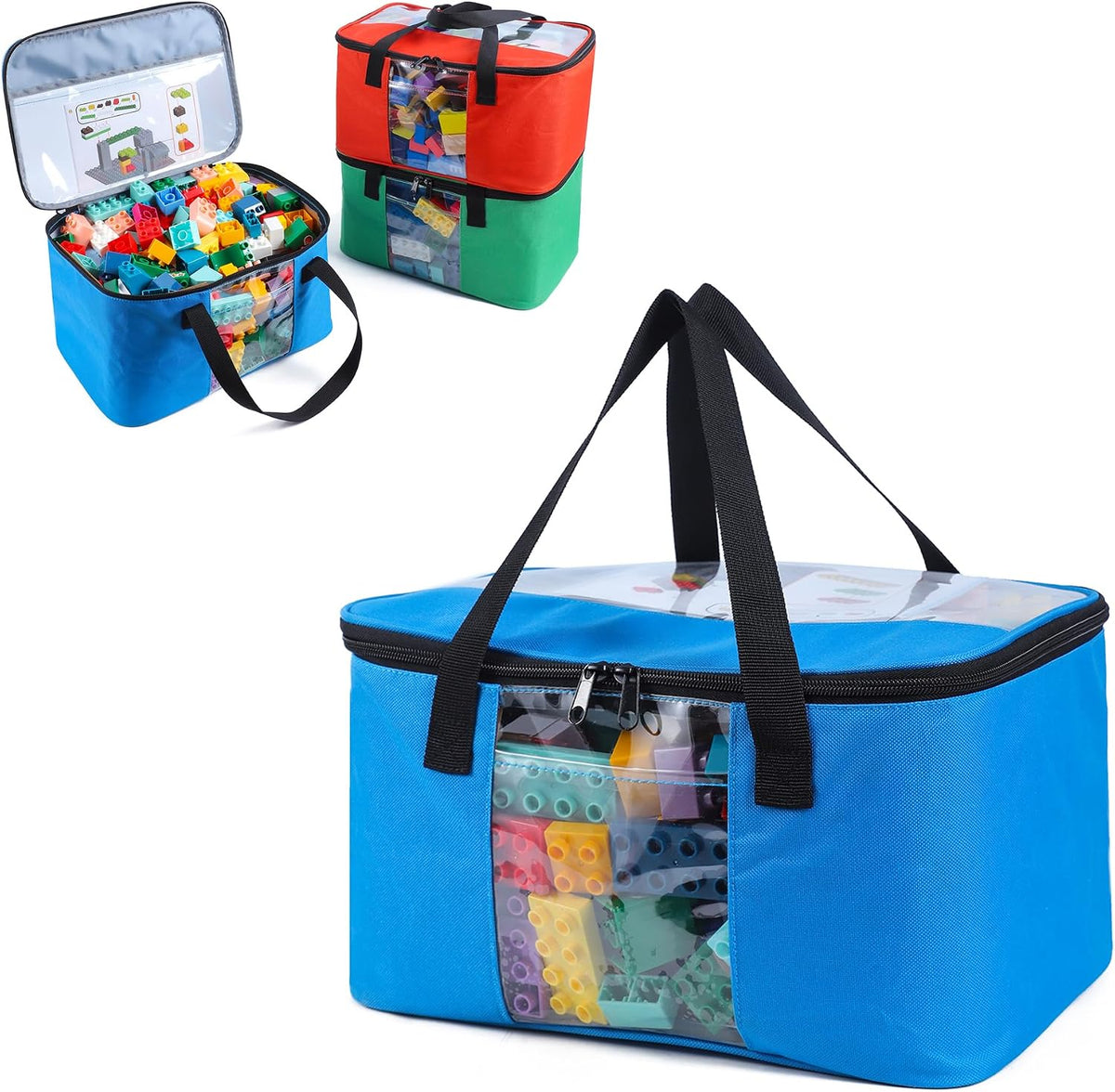 3 PCS Large Toy Storage bag Compatible with Lego Bricks, Travel Organizer Case With Labels, Handles & Pockets For Toy Organizing, Travel case for Building Blocks, Dolls, Puzzles Blocks & Board Games