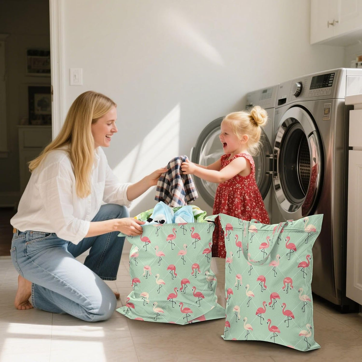 Flamingos Checkered Waterproof Travel Laundry Bag Washable Set of 2