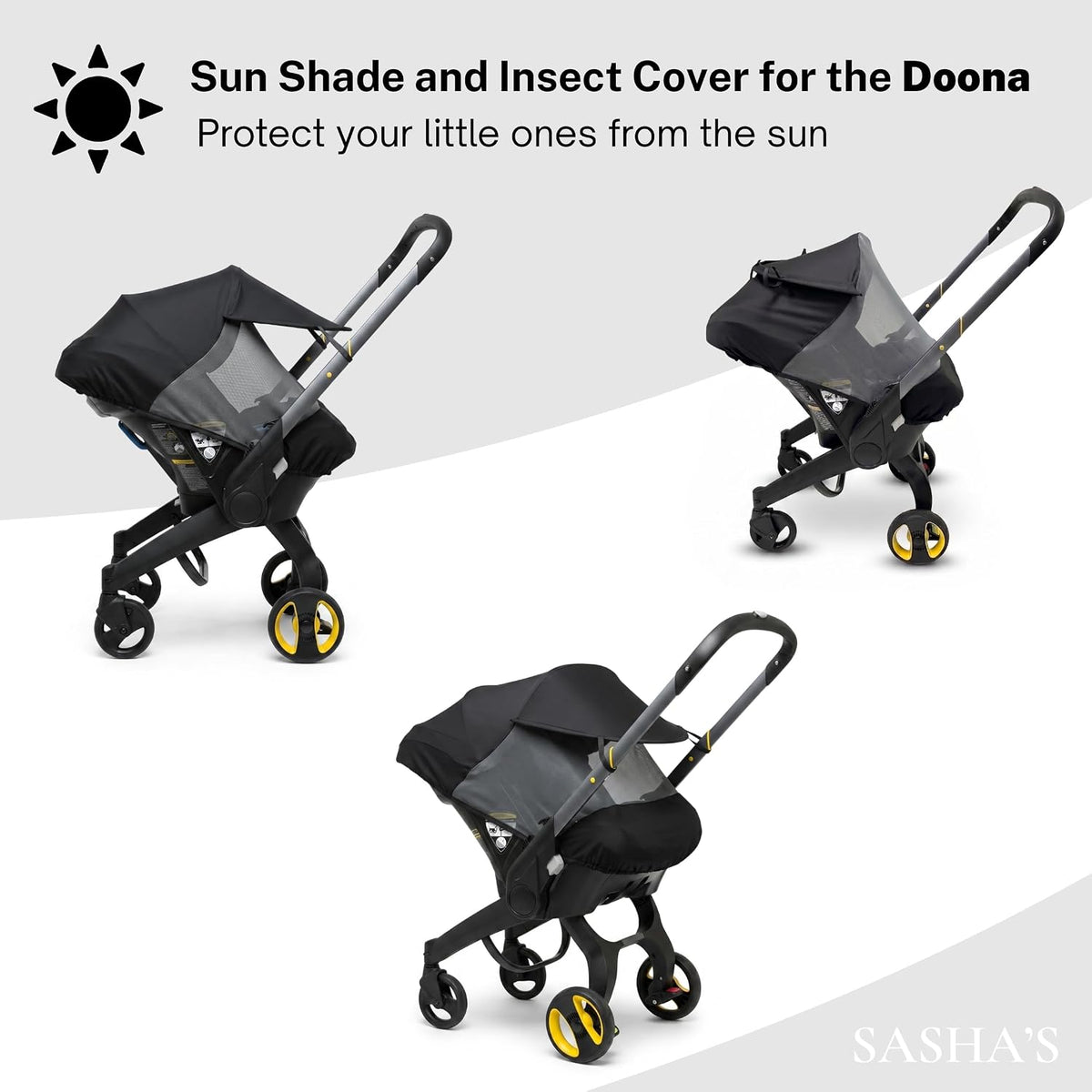 Sun Shade & Insect Cover for Doona Infant Car Seat & Stroller – Fully Enclosed Breathable Mesh, Extended Sun Visor, Bug Protection & Airflow (Stroller Not Included)