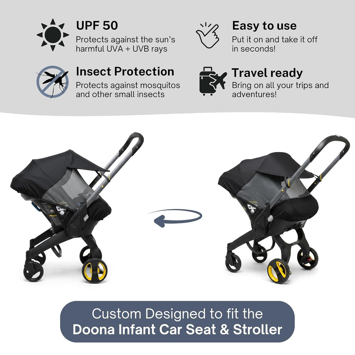 Sun Shade & Insect Cover for Doona Infant Car Seat & Stroller – Fully Enclosed Breathable Mesh, Extended Sun Visor, Bug Protection & Airflow (Stroller Not Included)
