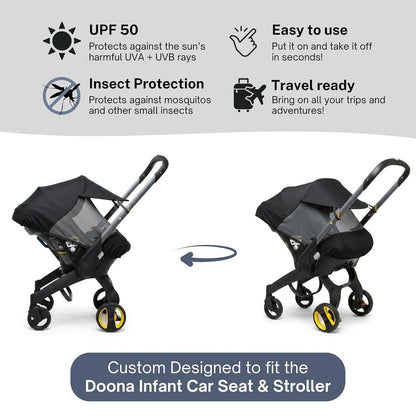 Sun Shade & Insect Cover for Doona Infant Car Seat & Stroller – Fully Enclosed Breathable Mesh, Extended Sun Visor, Bug Protection & Airflow (Stroller Not Included)