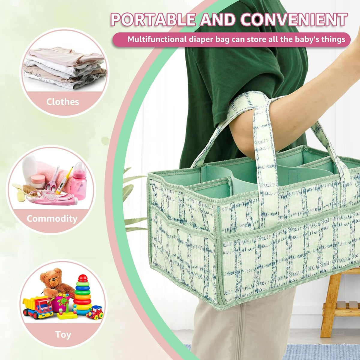 Baby Diaper Caddy Organizer, Portable Nappy Caddy Storage Basket with Handle, Diaper Storage Basket Bin, Multi Compartment Nursery StorageBasket, Nursery Storage Bin for Newborn Essential. (Pink)