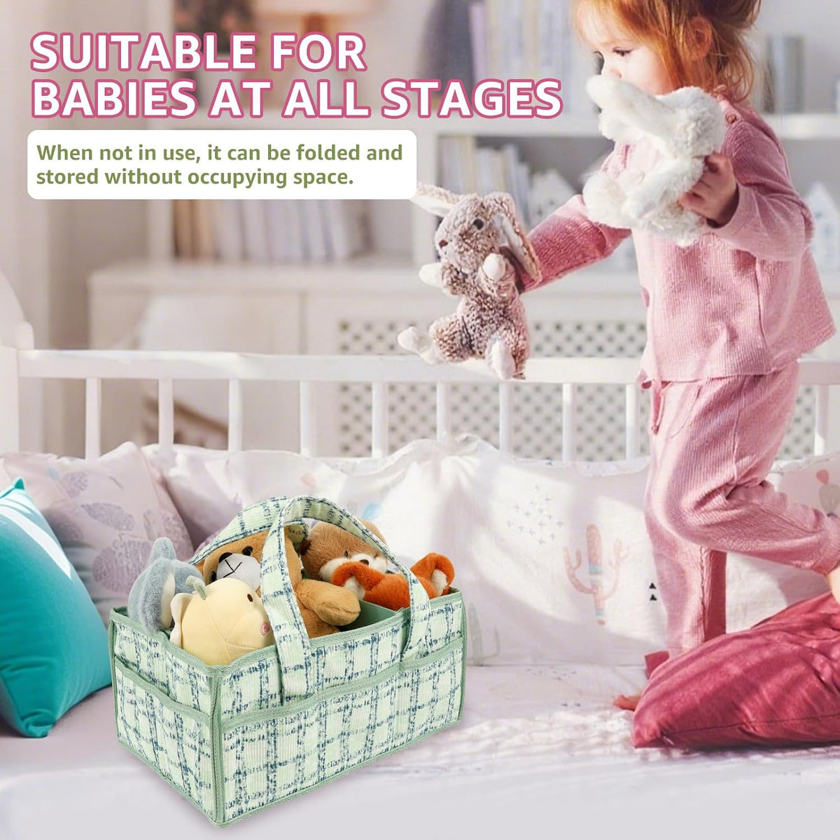 Baby Diaper Caddy Organizer, Portable Nappy Caddy Storage Basket with Handle, Diaper Storage Basket Bin, Multi Compartment Nursery StorageBasket, Nursery Storage Bin for Newborn Essential. (Pink)