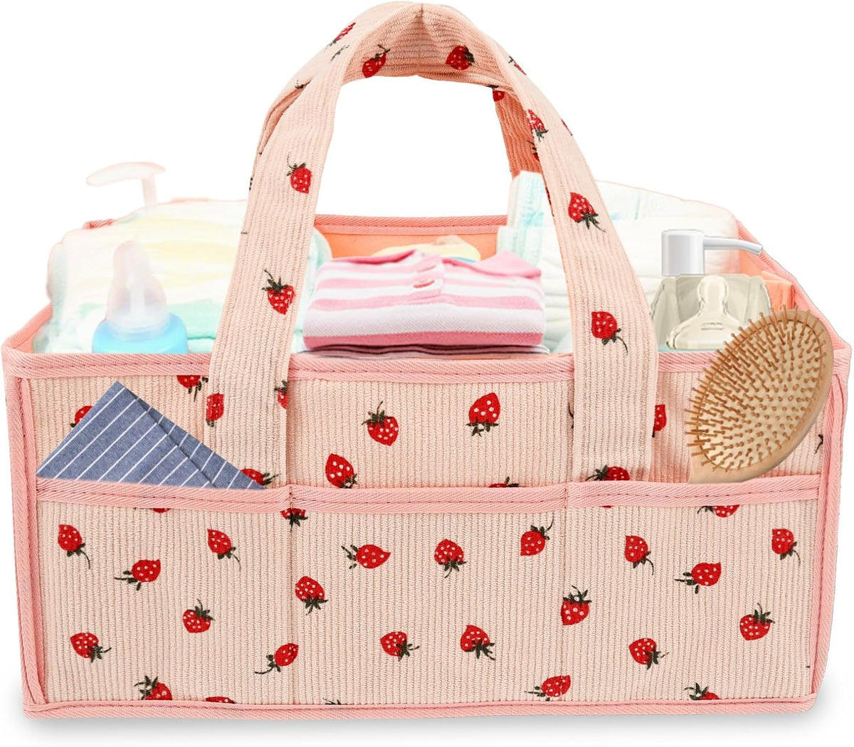 Baby Diaper Caddy Organizer, Portable Nappy Caddy Storage Basket with Handle, Diaper Storage Basket Bin, Multi Compartment Nursery StorageBasket, Nursery Storage Bin for Newborn Essential. (Pink)