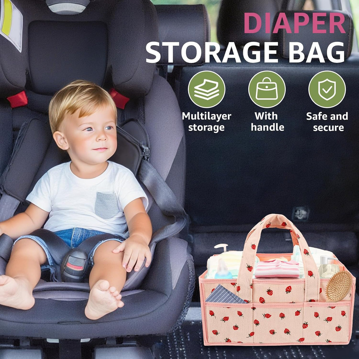 Baby Diaper Caddy Organizer, Portable Nappy Caddy Storage Basket with Handle, Diaper Storage Basket Bin, Multi Compartment Nursery StorageBasket, Nursery Storage Bin for Newborn Essential. (Pink)